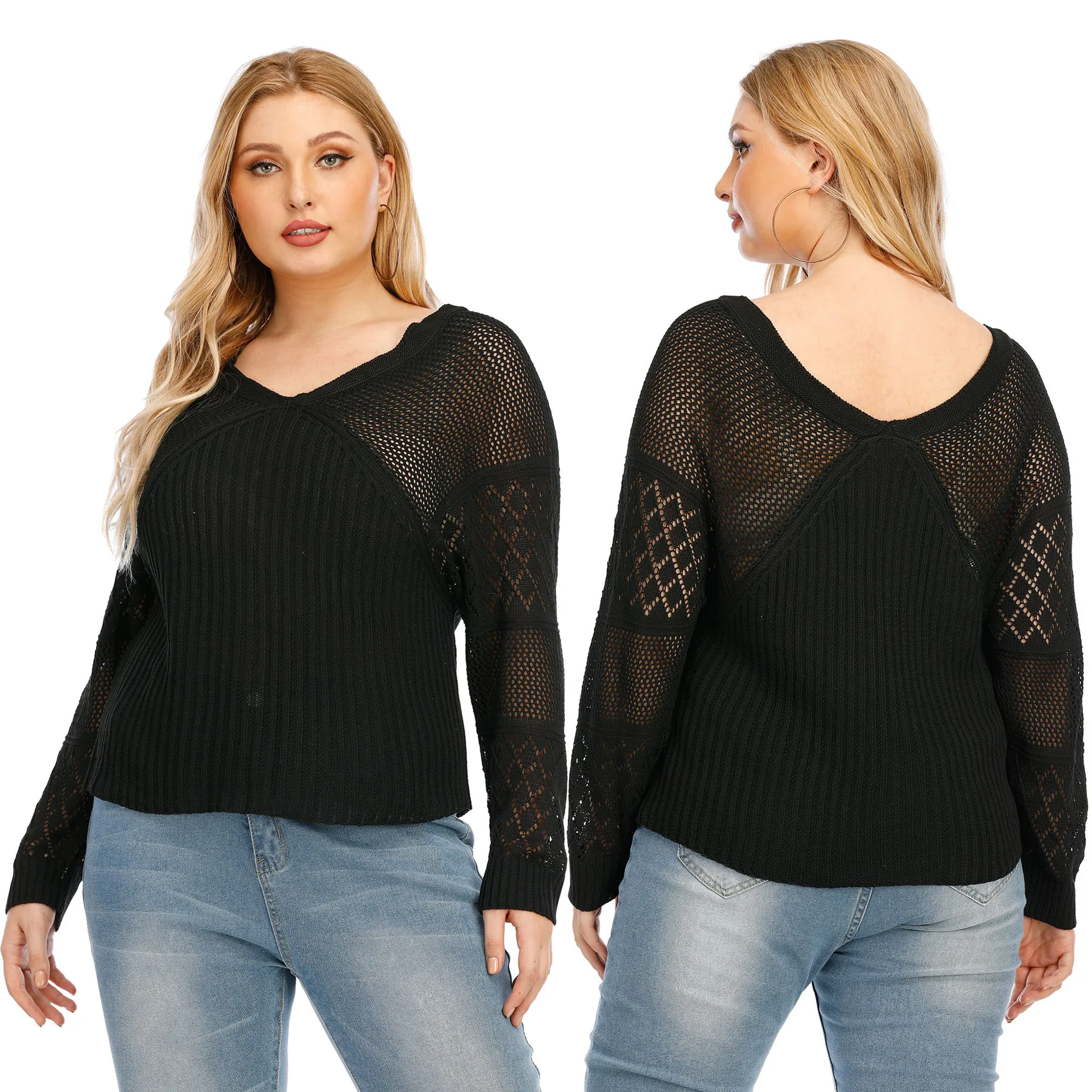 

Christian Shirt Women Loose Casual Printing Large Size Sexy Hollow Out Woven Sweater V Neck Sweater Fashion Versatile Top