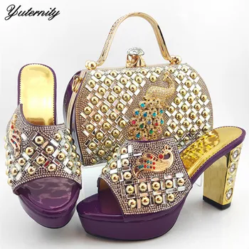 

2020 Italian Summer Rhinestone Ladies Purple Color Shoes And Bag Set Fashion Elegant High Heels Shoes And Bag For Evening Party