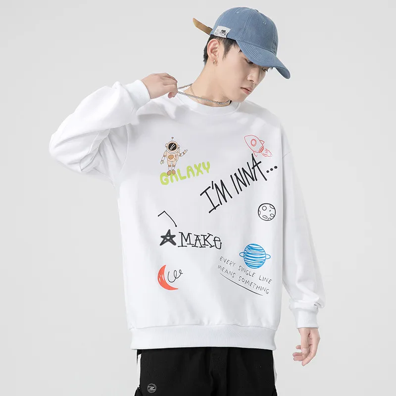 

White Sweatshirt for Men Letter and Graphic Autumn Hoodies Long Sleeve Galaxy Clothes Loose Hip Hop Streetwear Sweatshirts