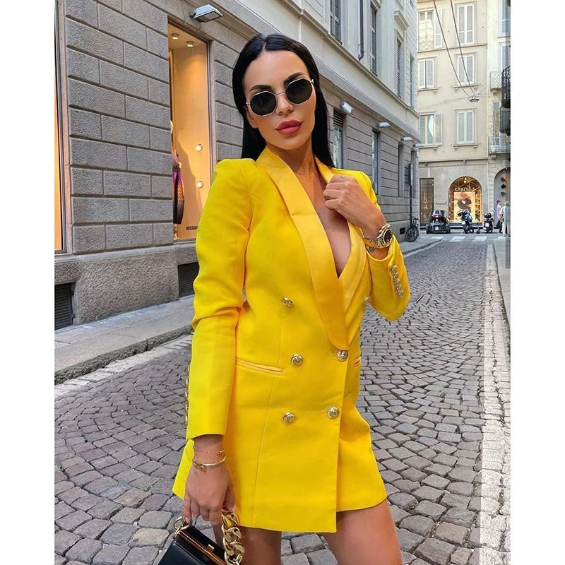 

Autumn Yellow Double Breasted Buttons Long Sleeve Women Blazers Office Lady Casual Slim High Street Suits Ropa Mujer