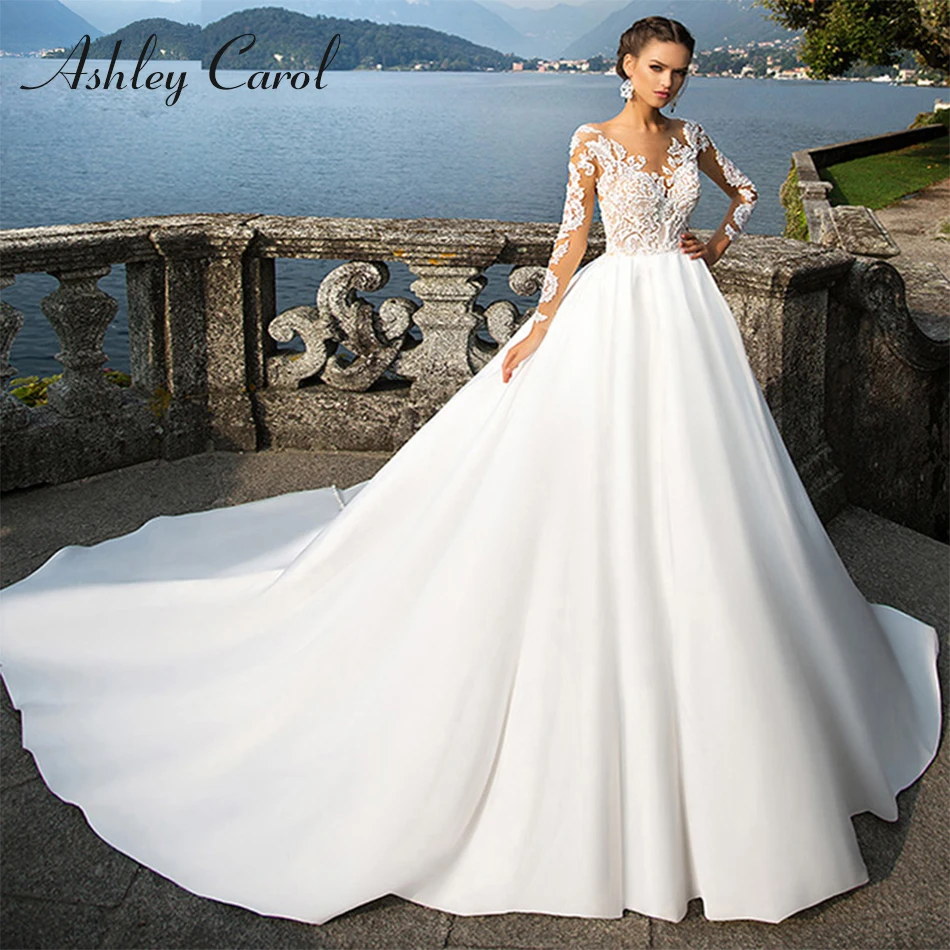 

Satin Long Sleeve Wedding Dress 2020 Sexy V-neck Illusion Ashley Carol Vintage Princess A-Line Wedding Gowns Vestido De Novia