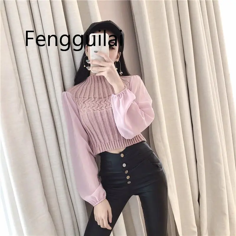 FENGGUILAINew Fashion Women Slim Knitted Sweater Chiffon Stitching Ladies O-neck Sexy Short Tops Sweaters Lantern Sleeve Knitwea FENGGUILAINew Fashion Women Slim Knitted Sweater Chiffon Stitching Ladies O-neck Sexy Short Tops Sweaters Lantern Sleeve Knitwea