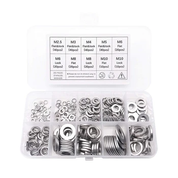 

260-Pcs (7-Size) Steel Flat Washer and Lock Washer Assortment Set - Size Included: M2.5 M3 M4 M5 M6 M8 M10