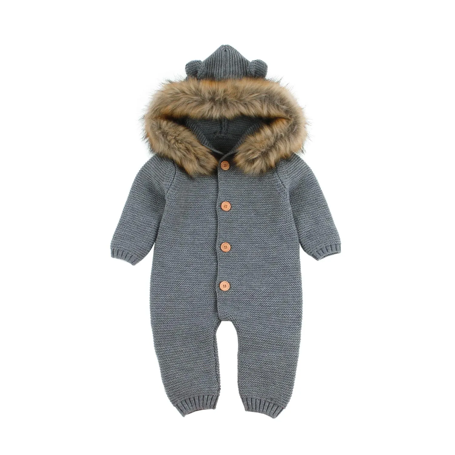 Winter Warm Children's Overalls Boys Clothes Bear Knitted Newborn Baby Rompers Hooded Full Sleeves Infant Girl Jumpsuits Outfits - Цвет: Grey Baby Rompers