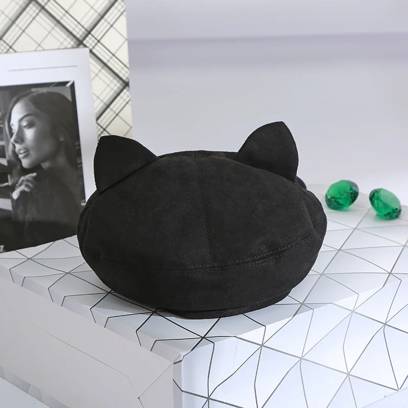 black Kawaii японский кошачьи ушки берет шляпа для женщин и девочек Милая Кепка винтажная одноцветная Классическая Восьмиугольные шляпы берет женский живописец Кепка s - Цвет: black