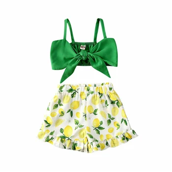 

2020 New 2Pc Set Toddler Kids Baby Girls Clothes Summer Sleeveless Green Crop Tops Vest And Lemon Print Shorts Outfits