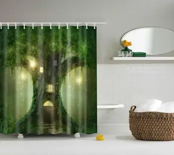 

Waterproof Thicken Polyester 3D Green Shower Curtain Fantasy Tree House Mildew Proof Bath Tub Curtain with 12 pcs Hooks