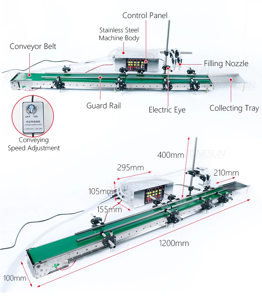 ZONESUN ZS-DPYT200L 5-500ml Automatic 2 Heads Liquid Filling Machine With Longer Conveyor