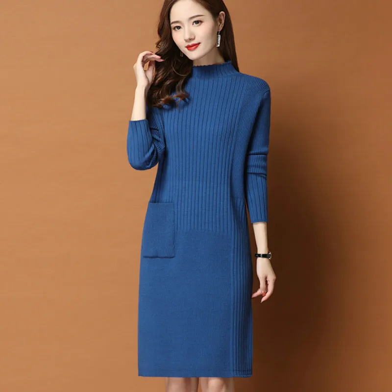 

Women Turtleneck Warm Sweaters Dress Autumn Winter Lady Long Sleeve Knitted Pullover Dress