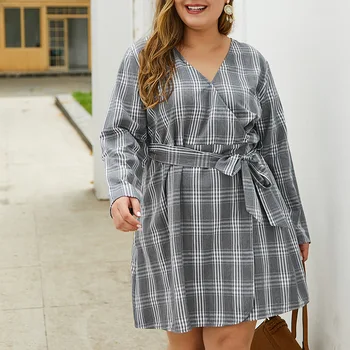 

Fashion woman striped plaid dress V-neck long sleeve knee length dress XL-4XL belt professional base clothing