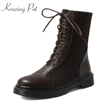 

Krazing pot genuine leather lace up round toe western boots patch work keep warm wedges med heel leisure stretch ankle boots L66