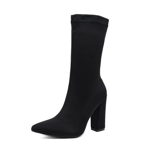 COWCOM Women Spring Boot Sexy Point Tip Martin Rough-heeled, Black High-heeled Shoes Winter Boots Women JXQ - Цвет: Black