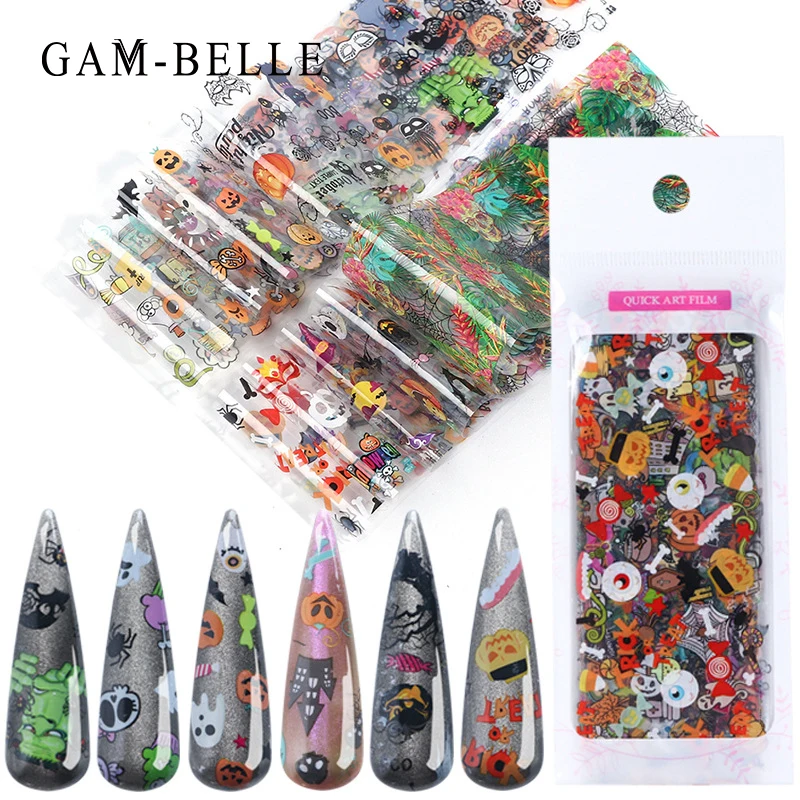 

GAM 10pcs Halloween Nail Designs Transfer Foils Pumpkin Cat Witch Skull Slide Sticker Polish Decal Adhesive Nail Art Foil Set