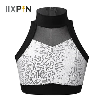 

Kids Girls Dance Tank Top Ballet Stage Performance Costume Crop Top Shiny Sequins Sleeveless Mesh Splice Vest Tops Dance Clothes
