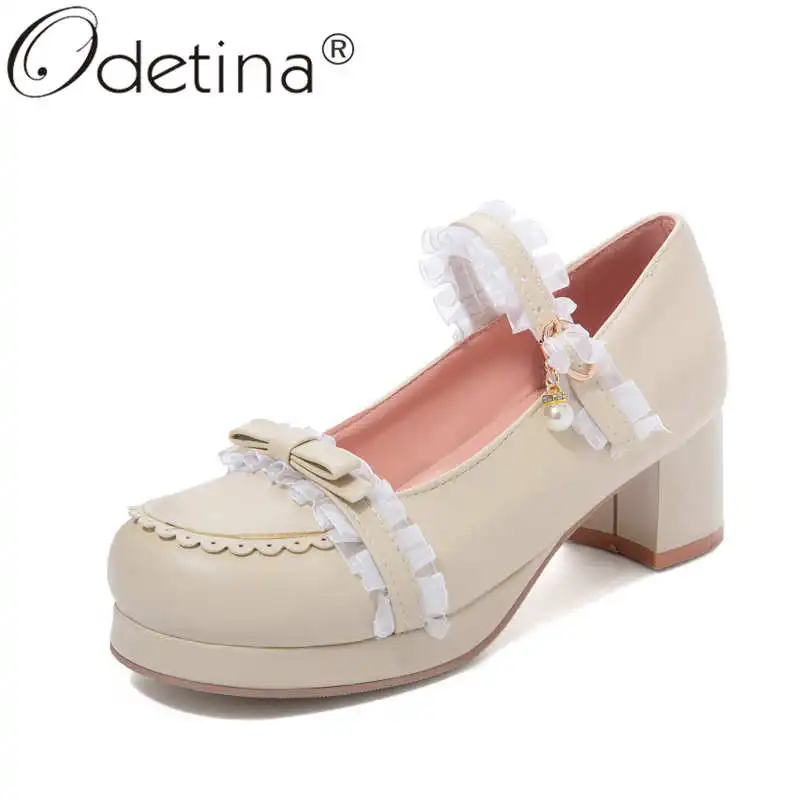 

Odetina Women Fashion Square Toe Platform Bow Retro Mary Janes Shoes Lady Sweet Buckle Strap Crystal Block Mid Heel Party Shoes