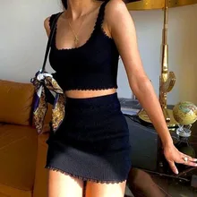 

Two-piece Suit Set Summer Clothes for Women 2021 Solid Color U-neck Sleeveless Lace Crop Tops+Package Hip Skirt High Streetwear