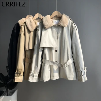 

CRRIFLZ 2020 New Short Rabbit Fur Trench Coat Women Turn Down Collar Sashes Irregular Warm Thicken Parka Trench