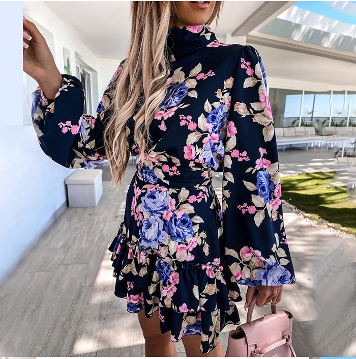 Southpire Navy Floral Print Loose Style Mini Dress Women Long Sleeve High Neck Party Dress Ladies Day Casual Clothes Spring 2022