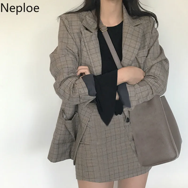 Neploe, корейский винтажный клетчатый Блейзер, юбки, набор, для женщин, весна, элегантная рабочая одежда, костюмы, зубчатый пиджак, 2 шт, комплекты, подходящие наряды