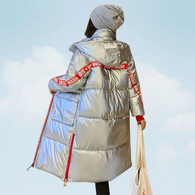Зимние пуховики, женские парки с капюшоном,, металлический светильник, отражающий средней длины, куртка, Женское пальто, теплая Свободная верхняя одежда, плотная, HS732