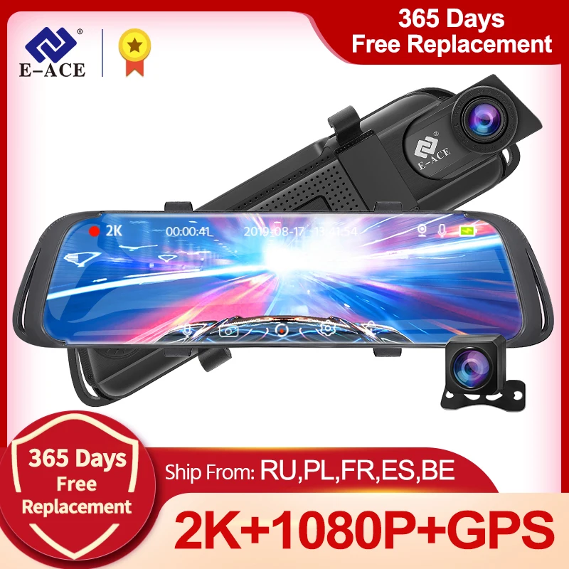 E ACE A42 10 дюймов 2K Автомобильный видеорегистратор зеркальный FHD 1440P регистратор