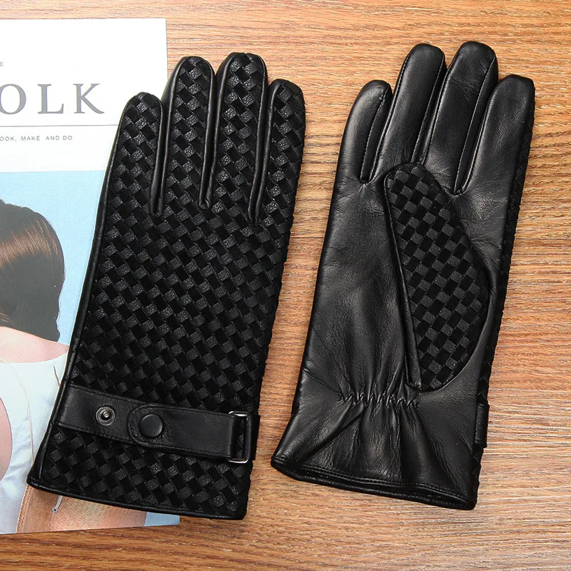 

2019 New Genuine Leather Men's Gloves Autumn Winter Thermal Plush Lined Woven Sheepskin Gloves Male Black Coffee M0130-9