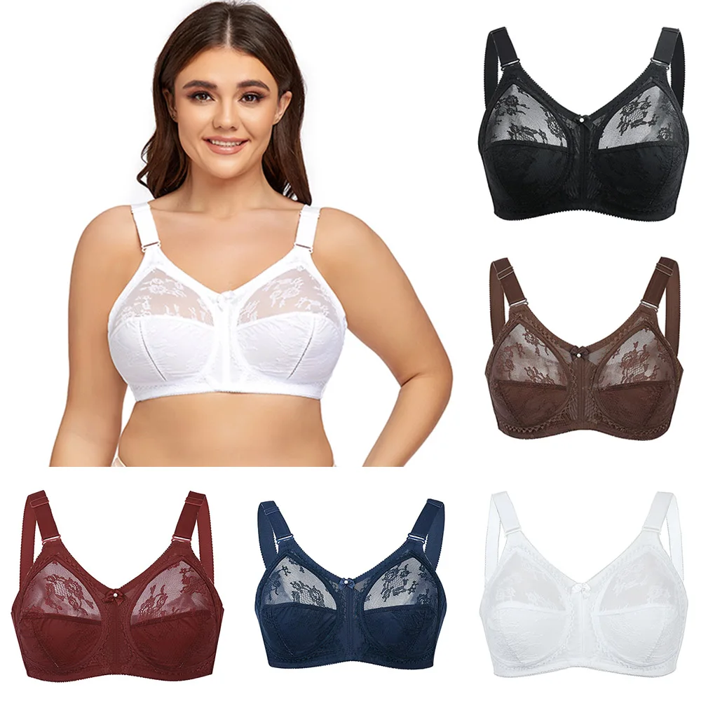 Women Bra Unlined White Plus Size Lace Bra Full Coverage Ultra Thin Wireless Adjusted-straps Big Minimizer Bras D E F G H I