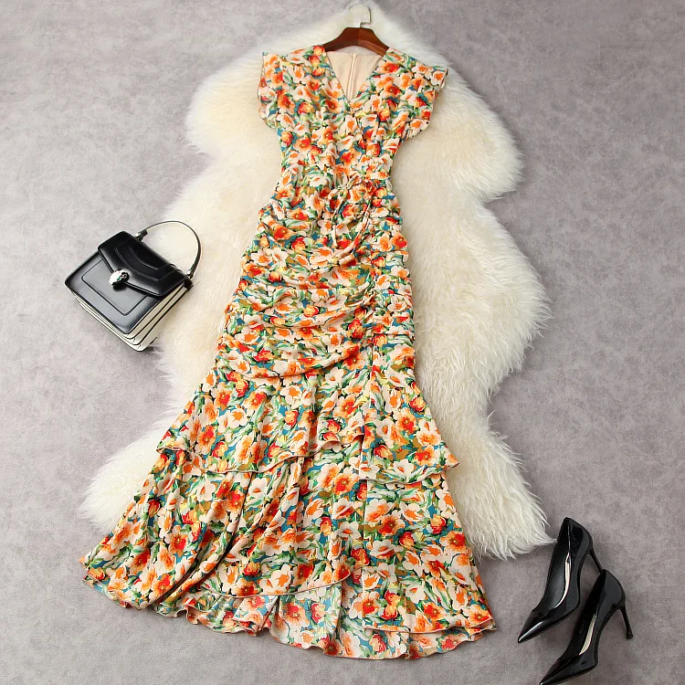 

European and American women's wear for summer 2021 Sleeveless V-neck floral print Fashionable irregular fishtail dress