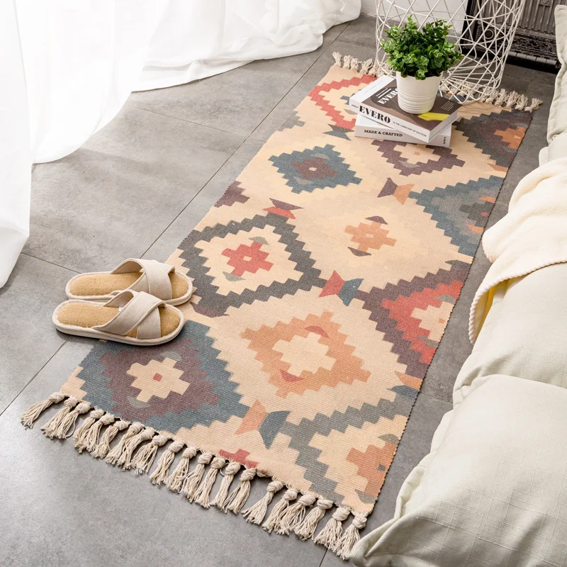 Nordic Fashion Cotton Linen Carpet Woven Long Rugs Bedroom Bedside Door Mat Bohemia Ethnic Tassel Carpet Living Room Big Rugs 4