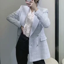 

Check Texture Blazers Blazer Women Jacket Fashion Vintage Long Sleeve Pockets Female Outerwear Chic Tops