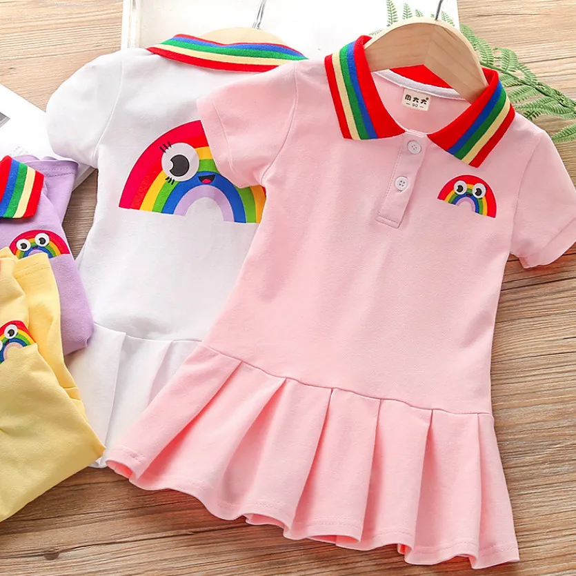 

New Baby Girls Sport Dress For Summer Spring Fashion Rainbow Casual Short Sleeve Pleated Princess Dresses Children Kids Clothes