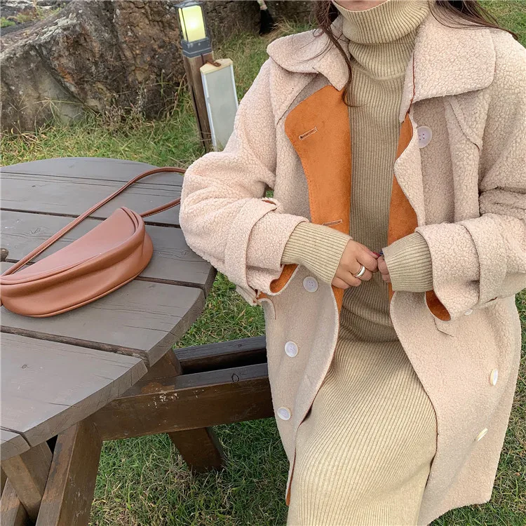 Осенне-зимняя уличная одежда абрикосового цвета с отложным воротником, двубортное приталенное облегающее длинное меховое пальто из овечьей шерсти на шнуровке, Женское пальто