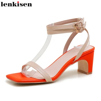 

Lenkisen new real leather mixed colors design modern large size peep toe buckle straps high square heels beauty lady sandals L88