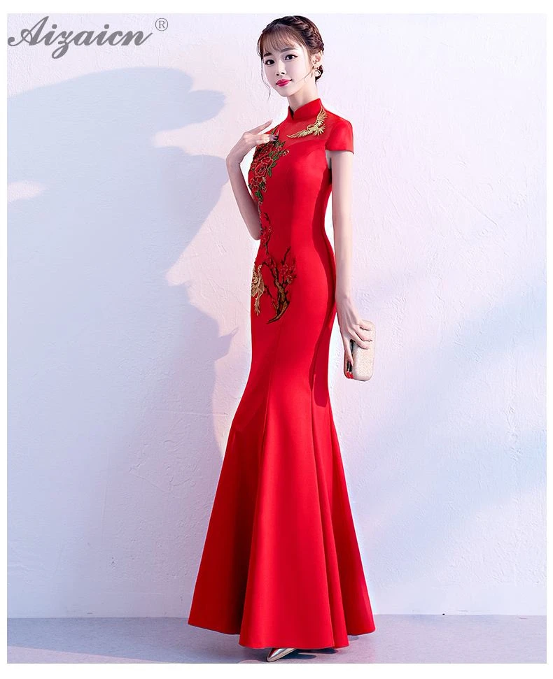 Модная русалка вышивка Cheongsam красное свадебное платье Qi Pao женское традиционное китайское свадебное платье Ципао вечернее платье