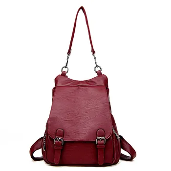 

Retro Backpack WOMEN'S Bag Medium Length Youth Multi-functional Backpack New Style Soft Surface PU Leather School Bag