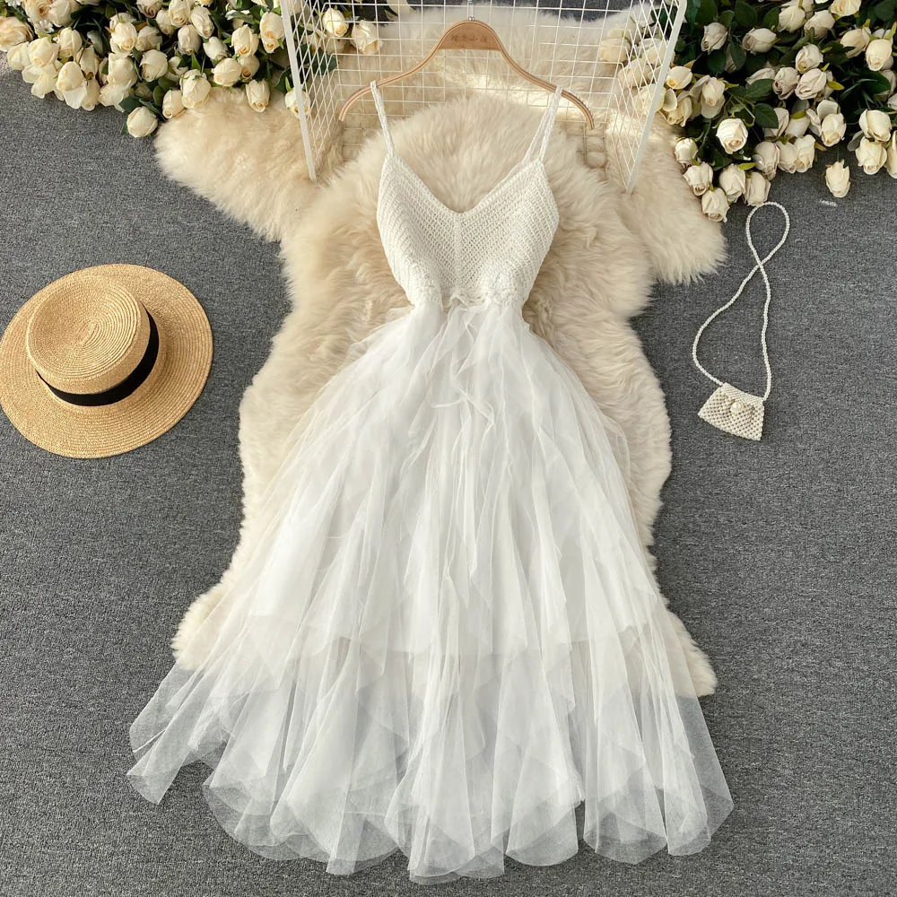 Irregular Net Gauze Fluffy Dress for Womens High Waist Temperament Summer  V-neck | eBay