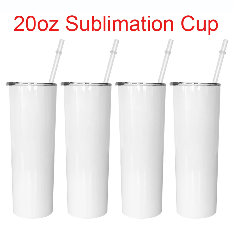 20oz Skinny Sublimation Blank Stainless Steel Tumbler w plastic straw white wholesale