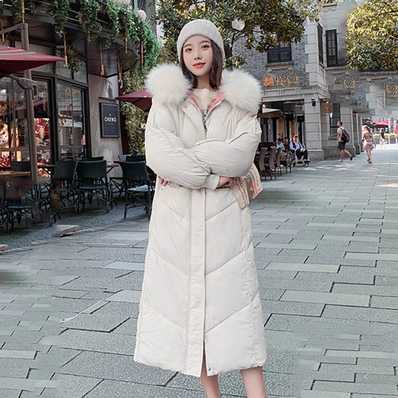 Бежевый Winter Women Long Jacket With Fur Collar Hooded Coat Female Parkas New Fashion Outwear Oversize Autumn Jackets - Цвет: Бежевый