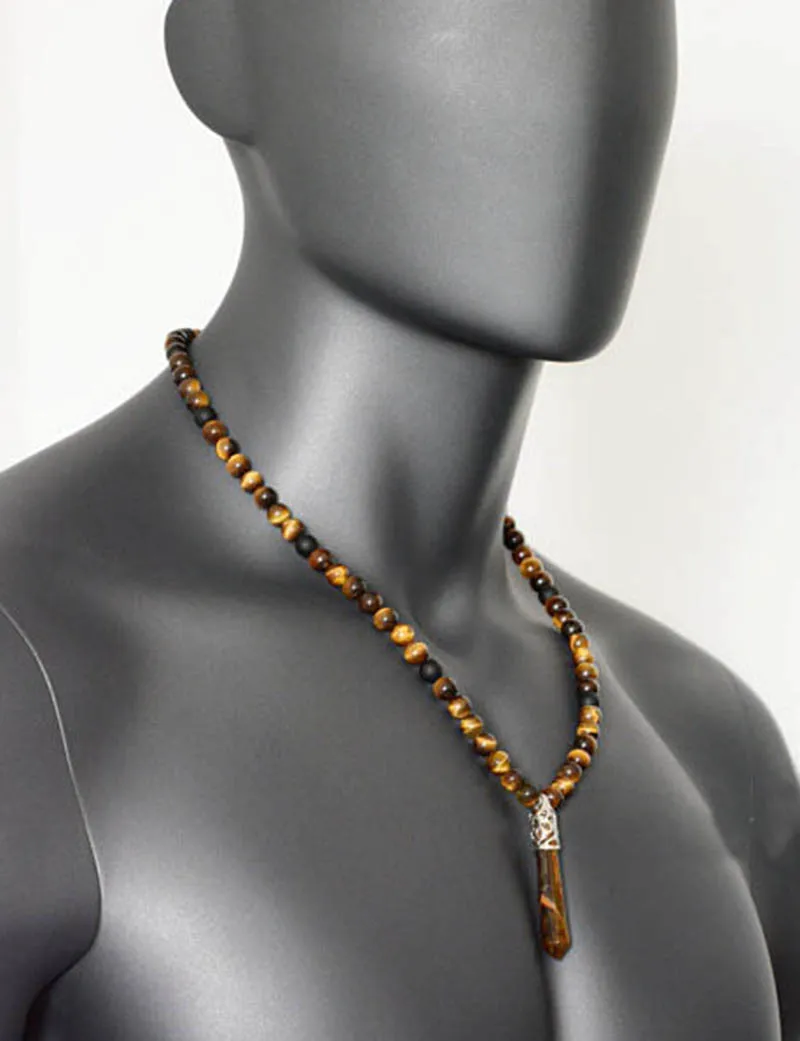 New Men Necklace Natural Stone Beads Handmade Tiger Eye Matte Onyx Stone Braided Adjustable Pendant Necklace Jewelry Gift Men