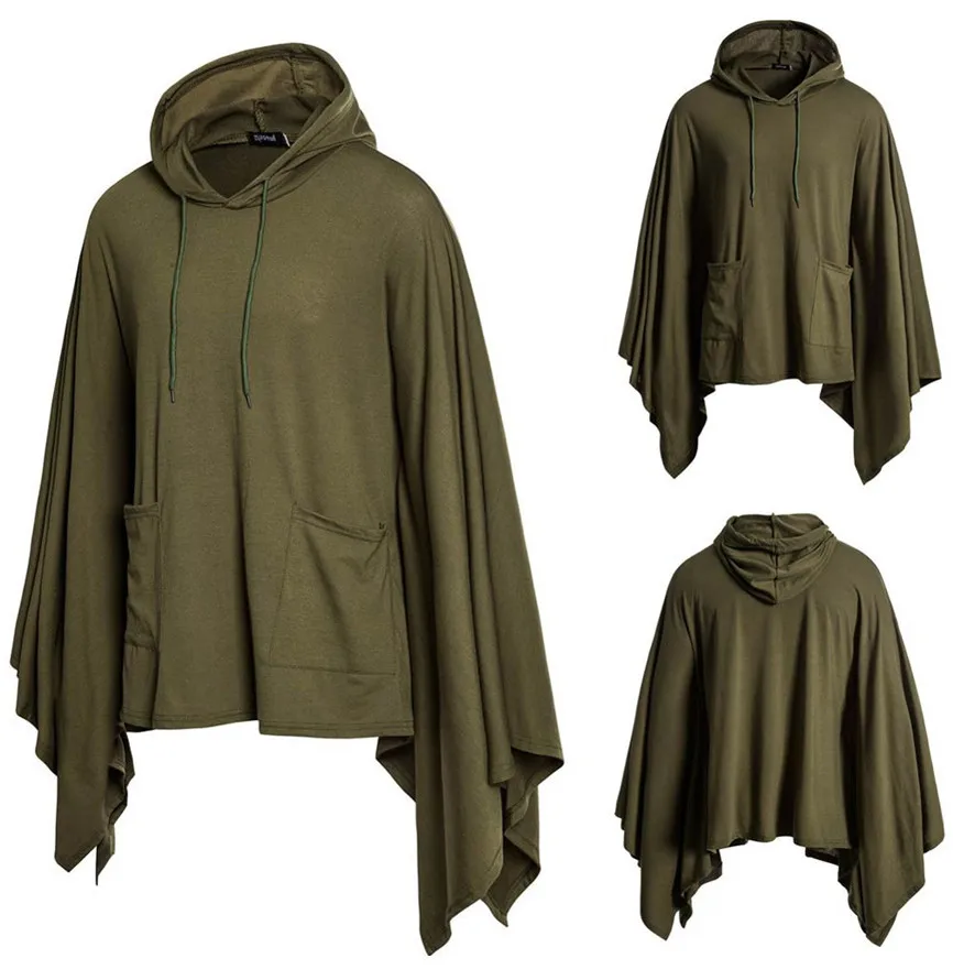 Mens Pocket Irregular Patchwork Hooded Loose Bat Sleeves Hooded Cloak Cape Coat Poncho Outwear Tops Knitting Hoodies Sleeve