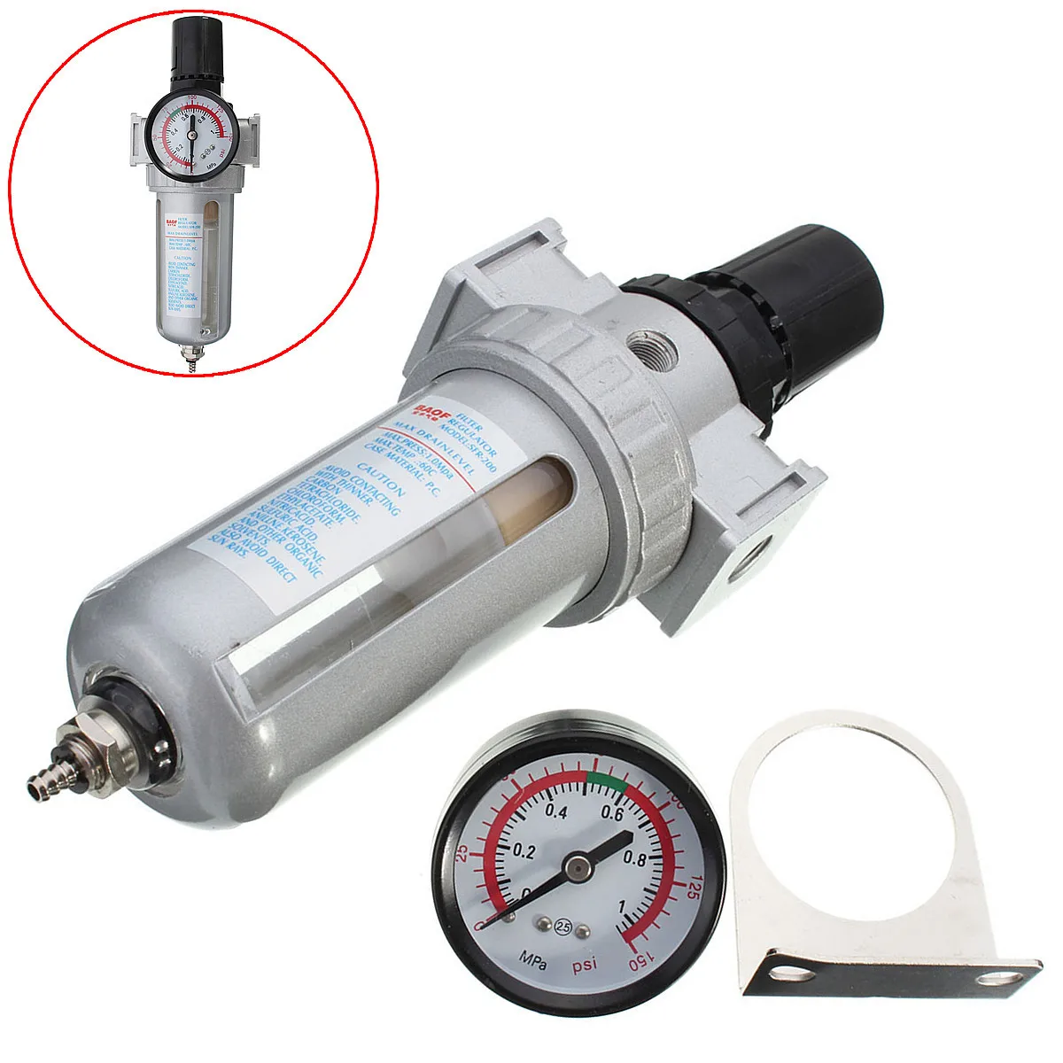 

SFR200 Pneumatic Air Filter Regulator Gas Source Treatment Pressure Gauge for Air Compressor Reducing Valve Oil Water Separation