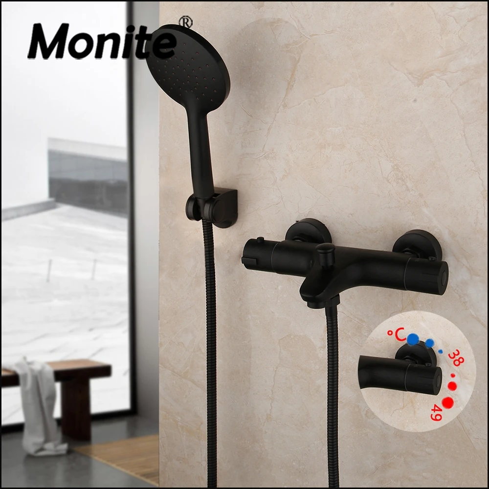 Monite Wall Mounted Thermostatic Mixer Taps Matte Black Shower Faucet Set Exposed Bathtub Basin Sink Faucet Hand Shower Set bathtub faucet shower set shower faucet