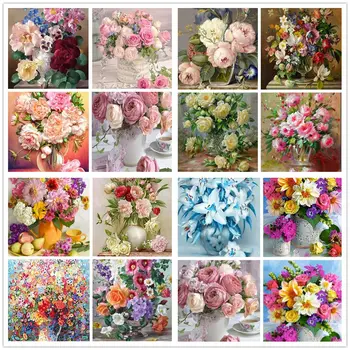 

5D DIYFull Round Diamond Painting Flower Bouquet Diamond Embroidery Flowers Vase Rhinestone Diamond Peony Mosaic Home DecorGift