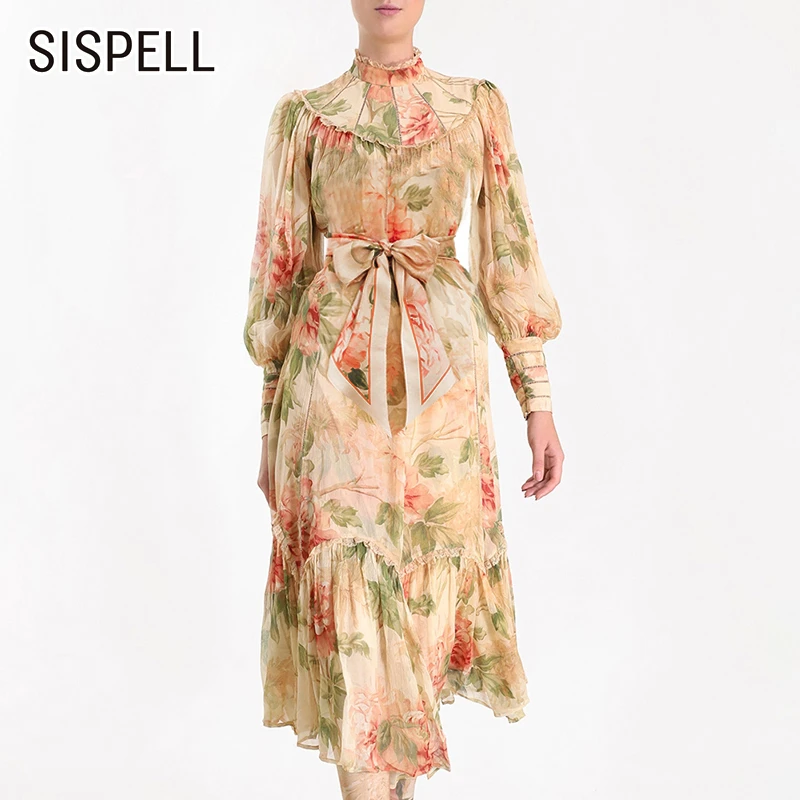 

SISPELL Autumn Print Lace Up Bowknot Women Dress High Waist Lantern Sleeve Stand Collar Big Size Female Dresses 2019 New Fashion