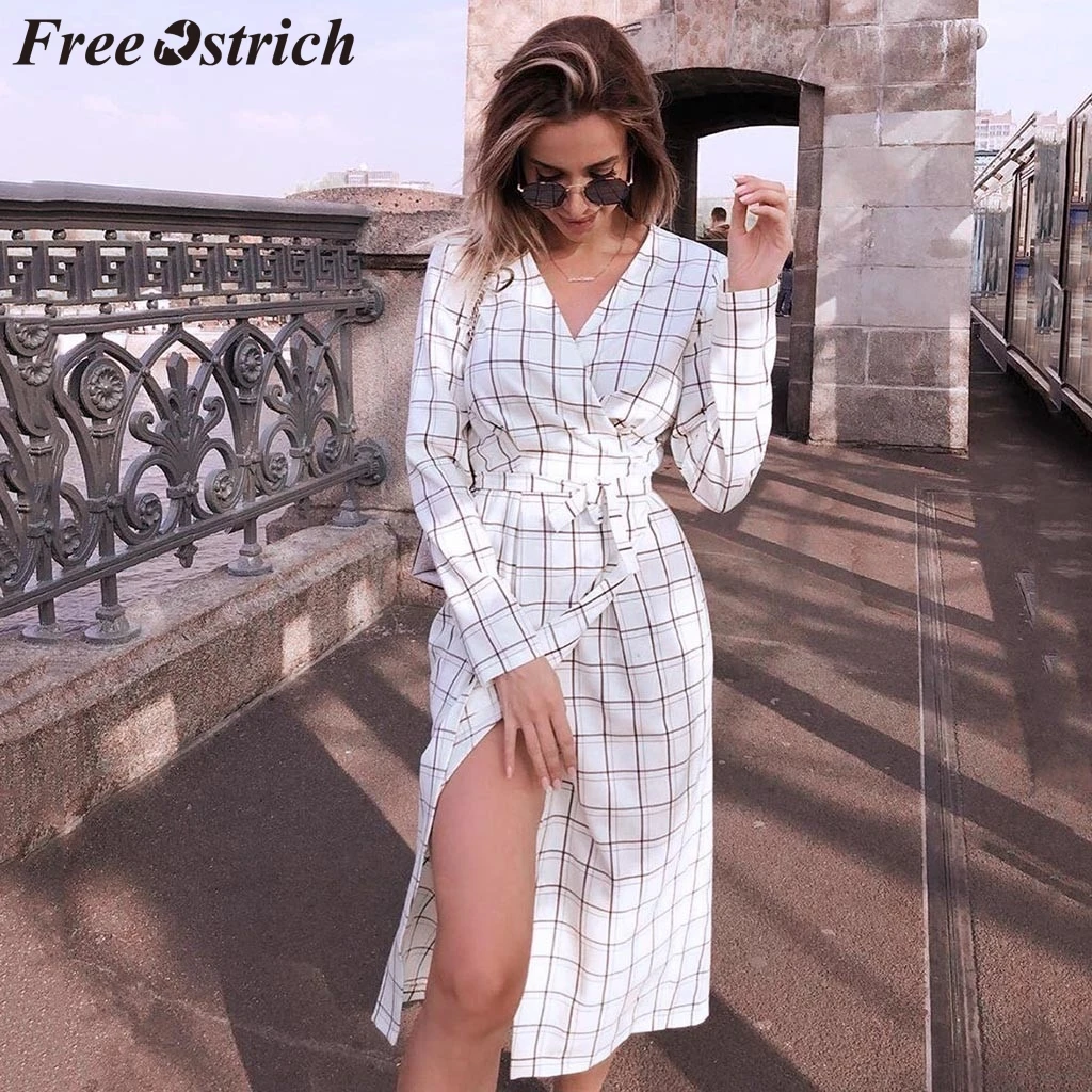 Бесплатная страуса зимнее платье женское Клетчатый Ремень с длинным рукавом
