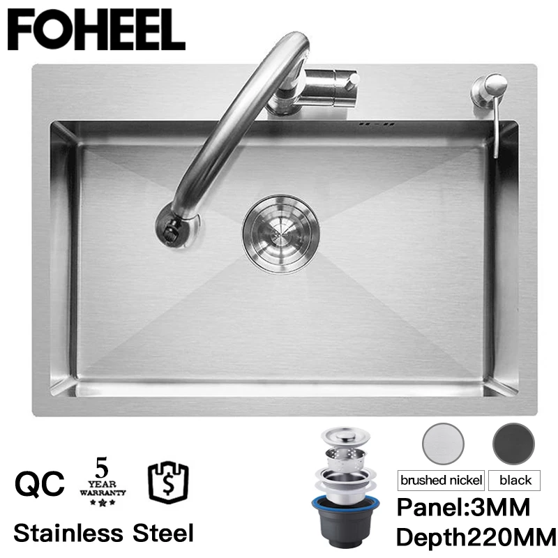 FOHEEL Kitchen Sink Basin Single Kitchen Sink Drain Basket And Drain Pip Rectangular  Stainless Steel