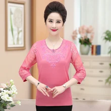 Женская весенне-осенняя футболка для женщин средних лет рубашка Цветы Тонкий свитер большого размера кружевные футболки с рукавами