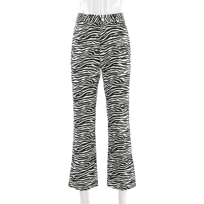 Weekeep Women Zebra Pattern Print Pants Casual Straight High Waist Trousers Women