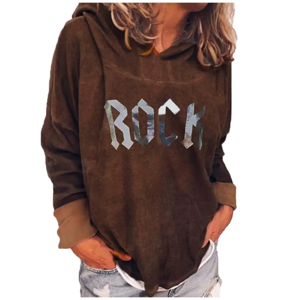 

Womens Solid Brown letter pattern minimalist Sweatshirt Warm Long Sleeve Hoodie Sweatshirt Loose Print Pullover Tops Blouse#LR1