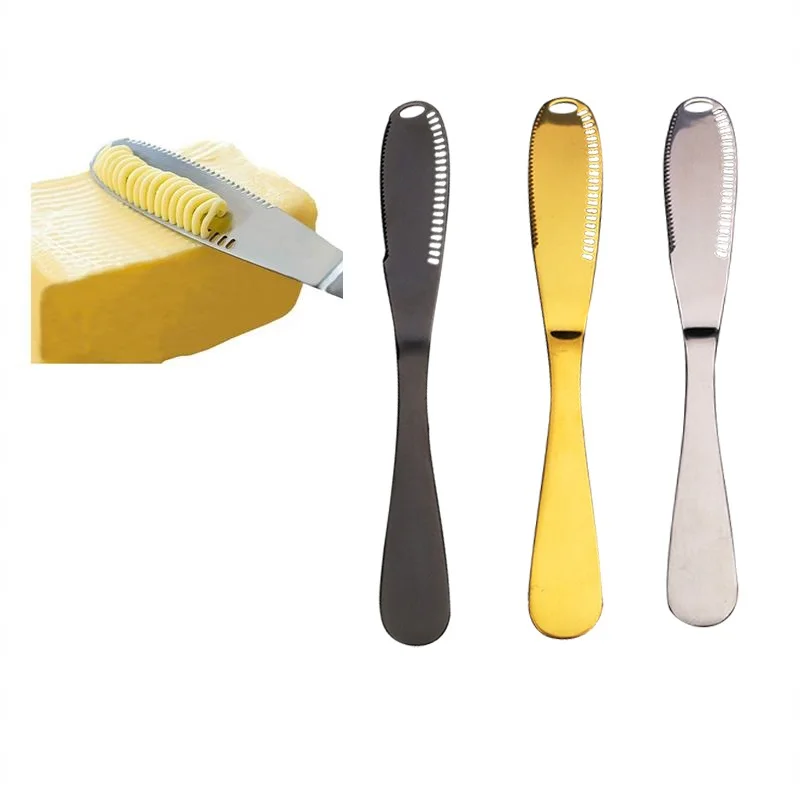 

6pcs Stainless Steel Butter Knife 3 in 1 Cheese Spreader Slicer Butter Curler Knives Serrated Edge Cream Knifes Gold 8.5'' 21cm